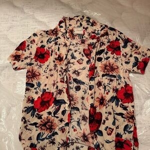 Floral Short-Sleeve Button-Up Shirt - Cream with Red & Blue Flowers